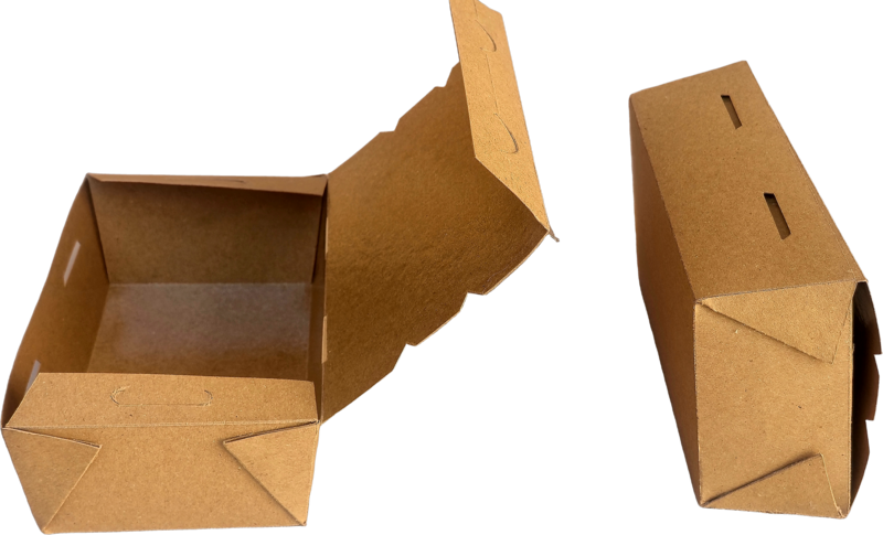An open kraft corrugated takeaway clamshell