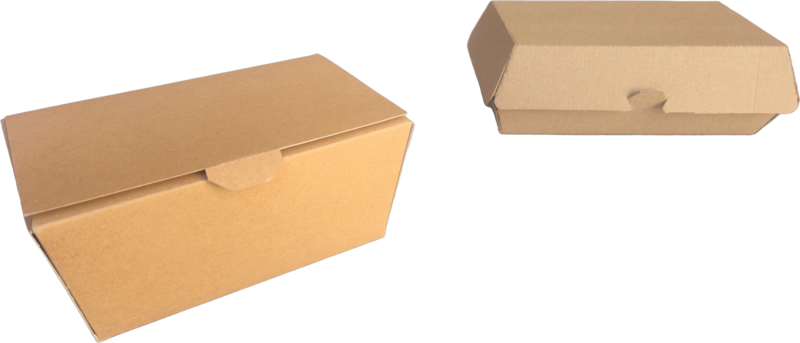 Two kraft mailer boxes — one closed, one tilted to show the closure