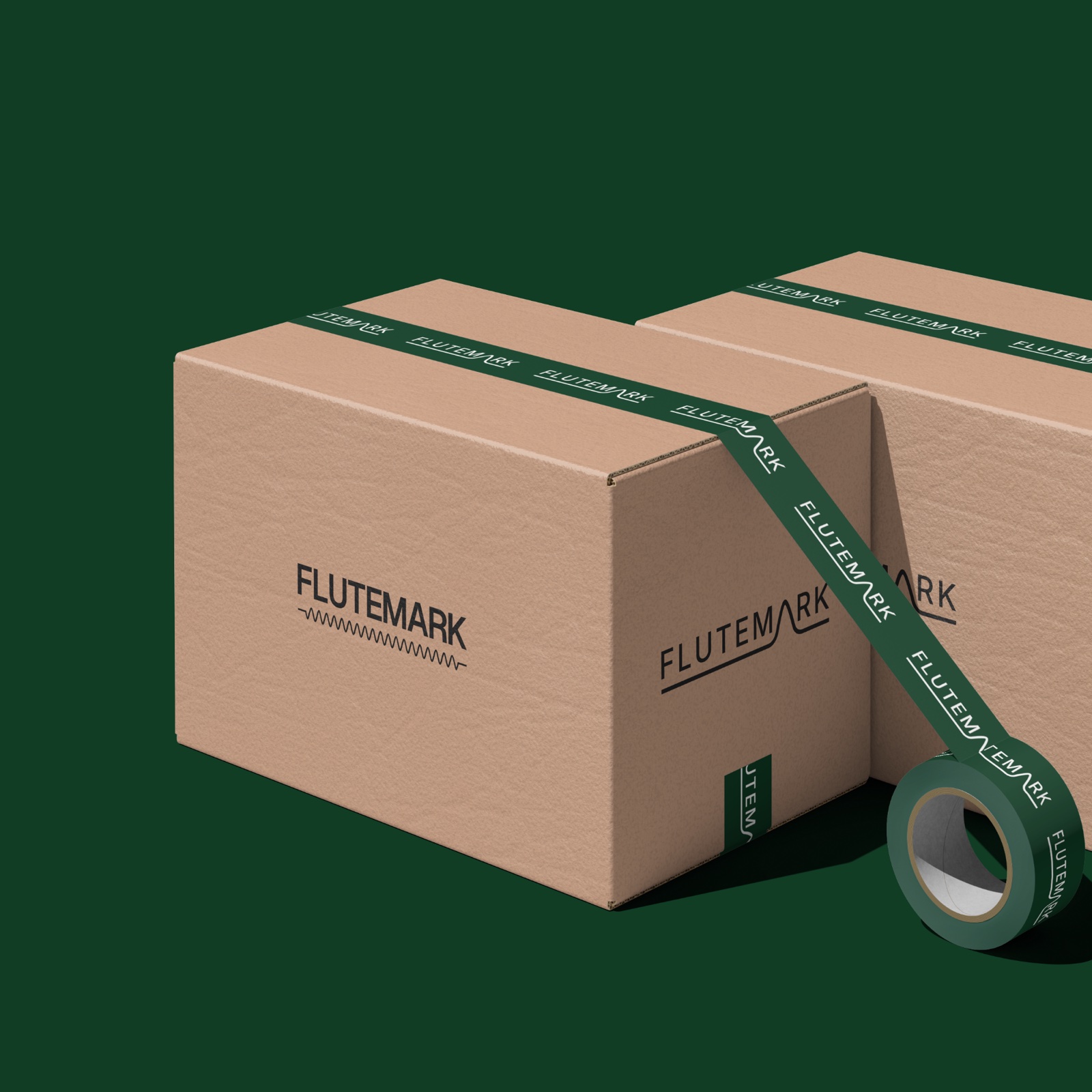 Two kraft Flutemark shipping boxes wrapped with forest-green branded tape on a deep green background