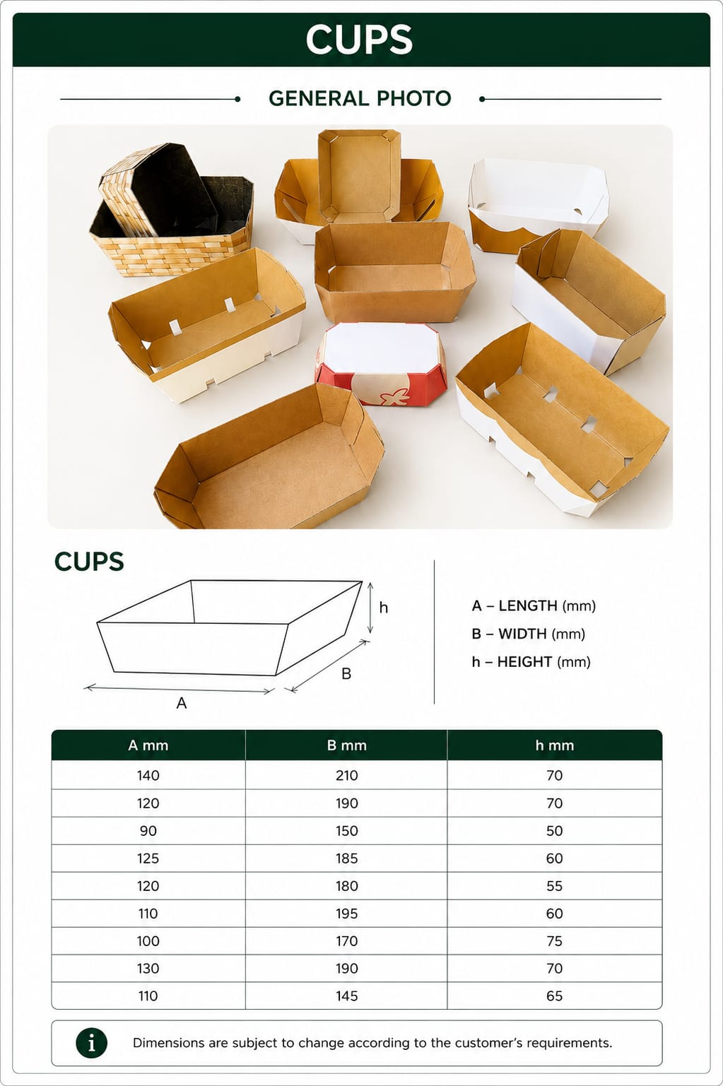 A selection of open kraft, white and printed food cups with raised sides