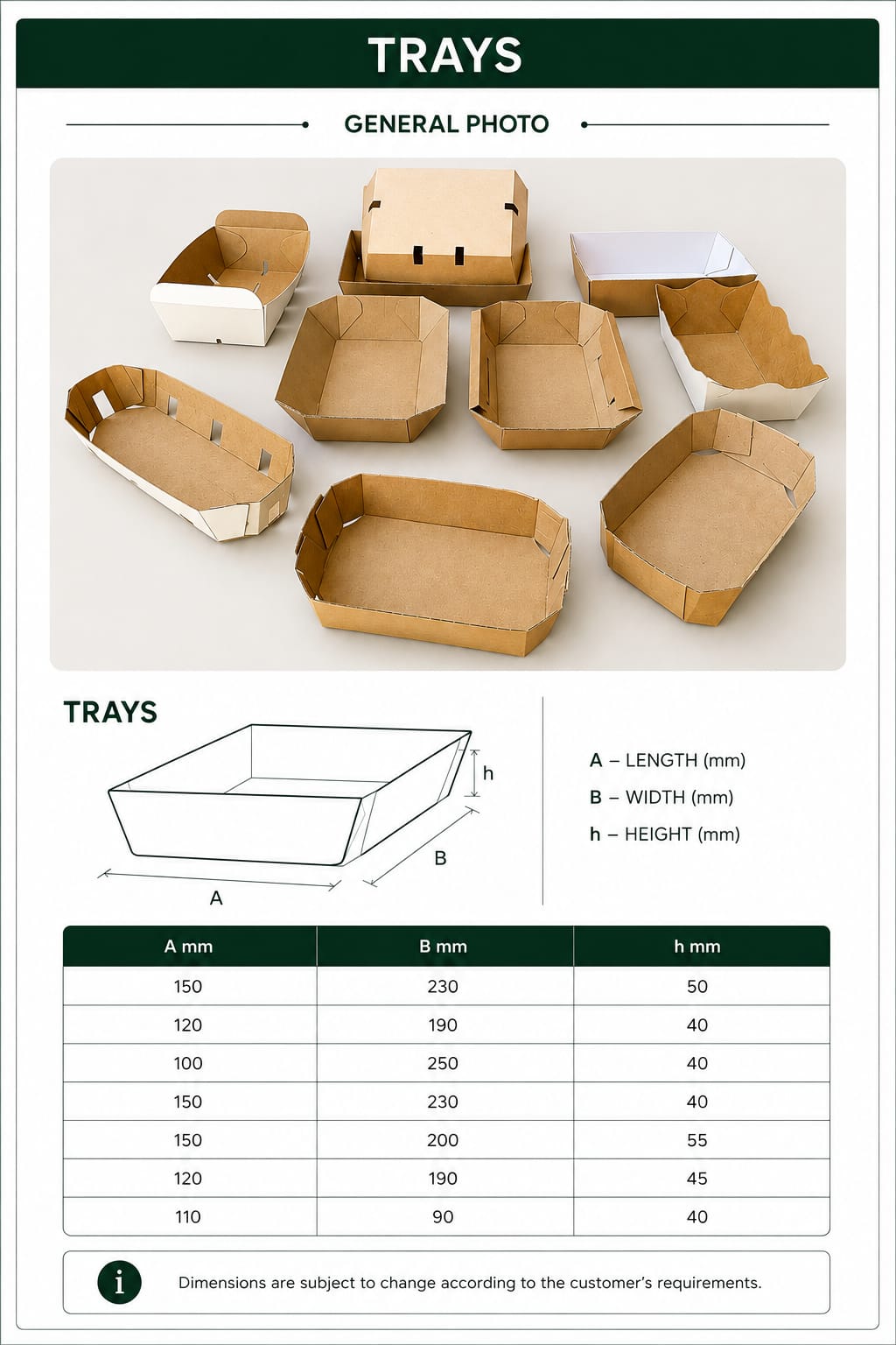 Kraft and white food trays in a variety of shapes and sizes